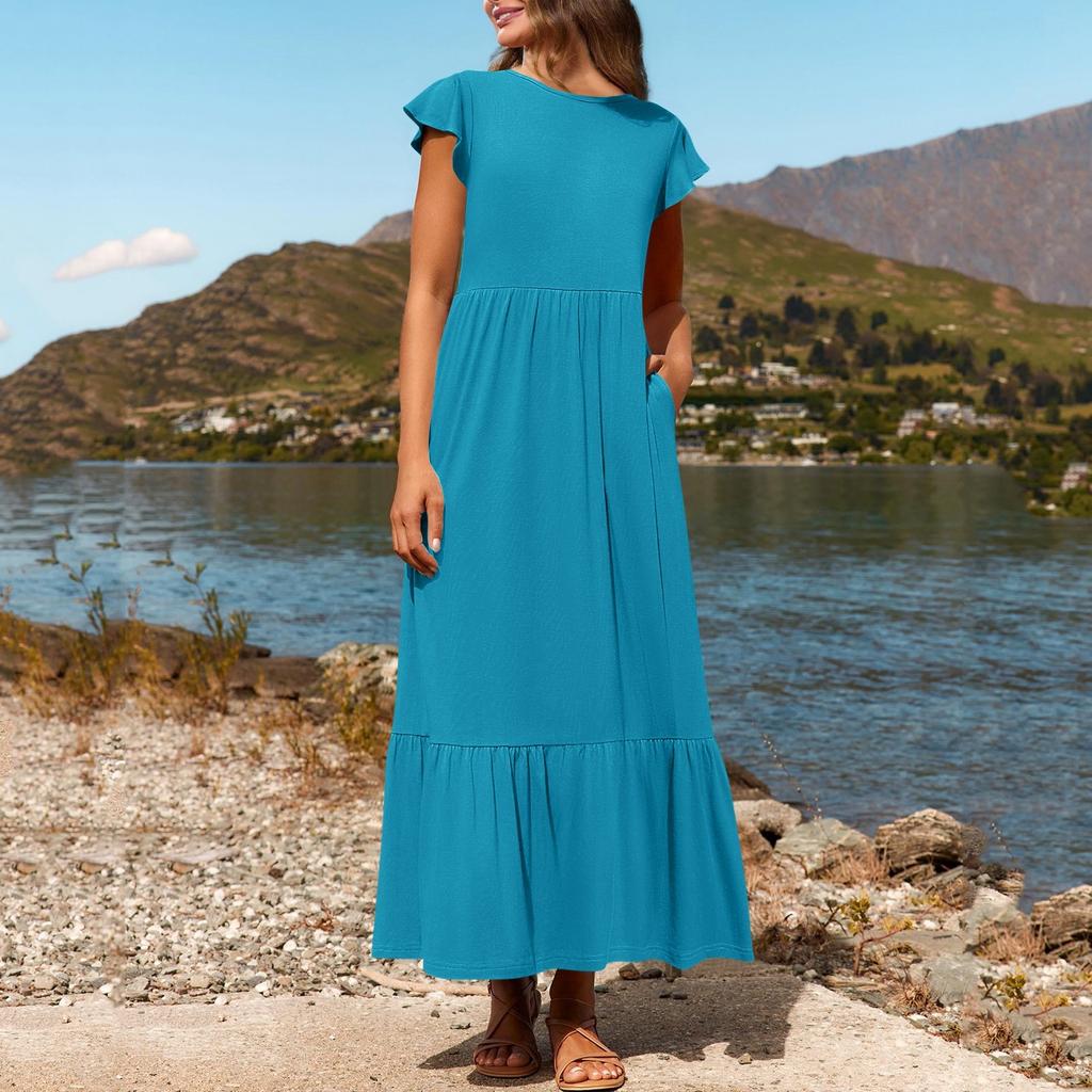 Damen Sommer Freizeitkleider Kurzarm Rundhalsausschnitt Locker Fließendes Strandkleid Mit Taschen