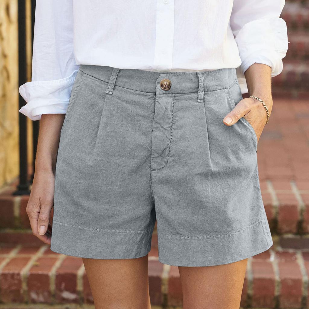 Women's Soft Cotton Linen Shorts Pockets Soft  Button Closure No Zipper Slim Fit Shorts