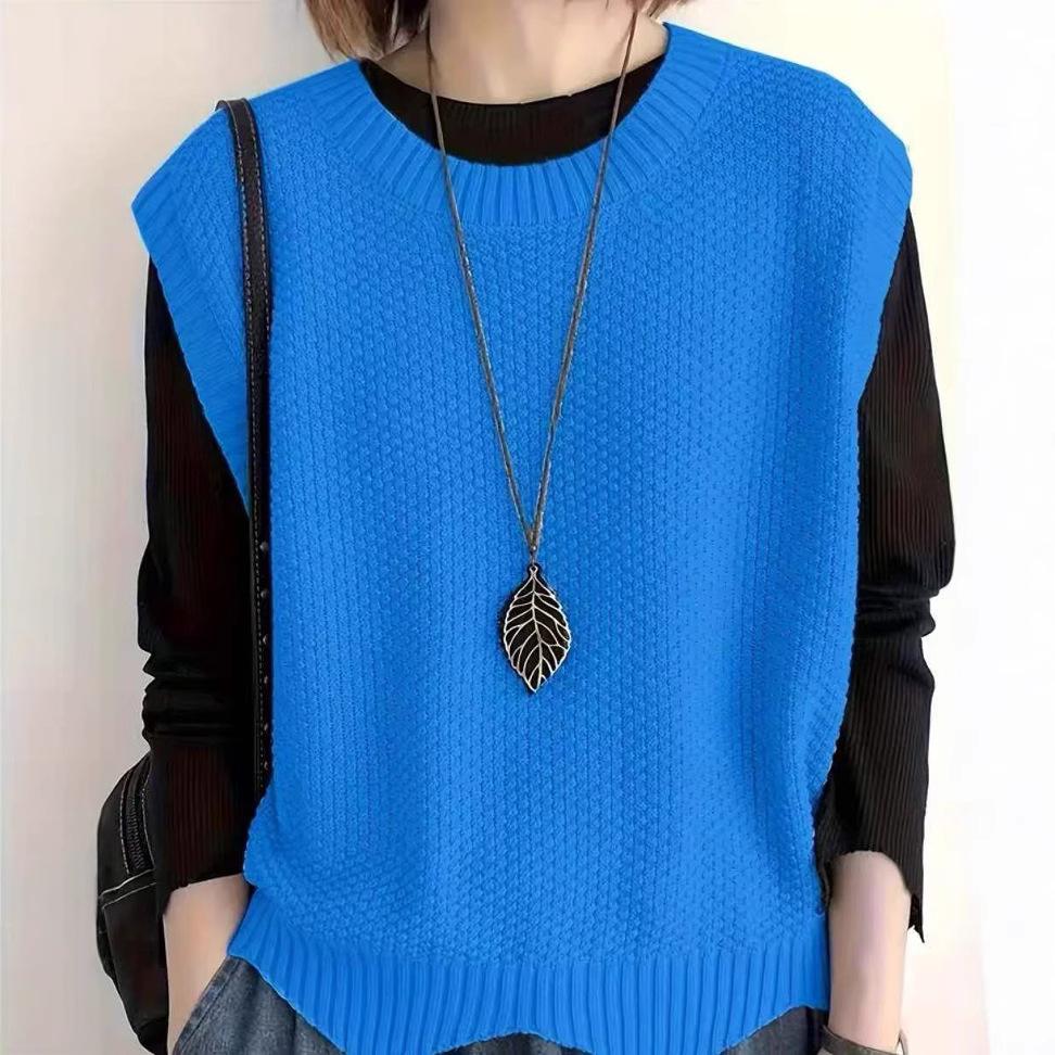 

Женский повседневный вязаный жилет свободного кроя с волнистым низом и круглым вырезом светло-синий