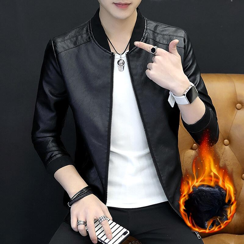

New Casual and Fleece Leather Autumn Warm Coat Male Korean Slim Trend Handsome Green Leather Jacket M
