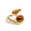 Yhpup Size 8 Natural Tiger Stone Simulated Pearls Finger Ring for Women Stainless Steel Trendy Fashion Daily Jewelry PVD Plated