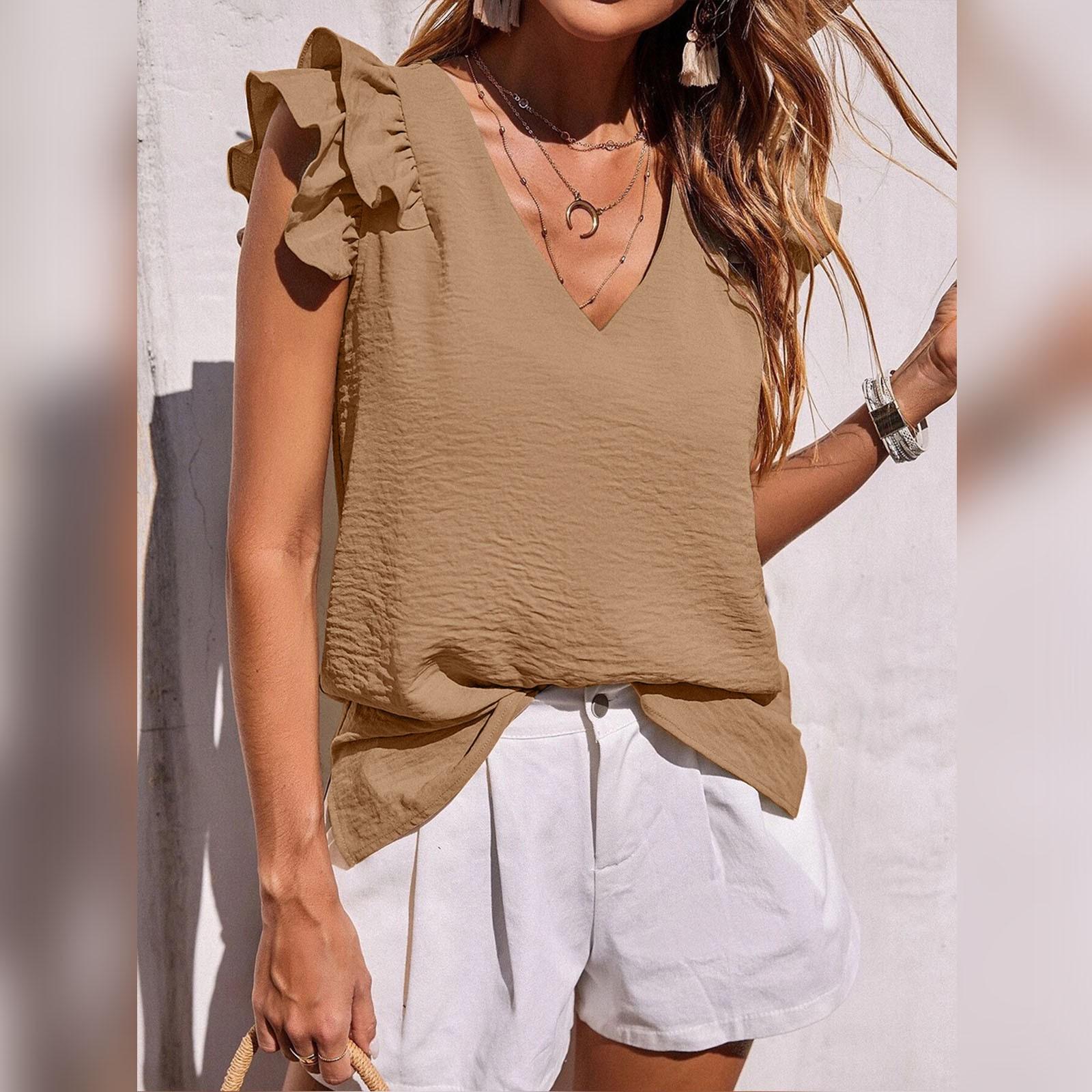 

Women s V,neck Ruffle Vest Top Summer Sleeveless Shirt XXXL бежевий