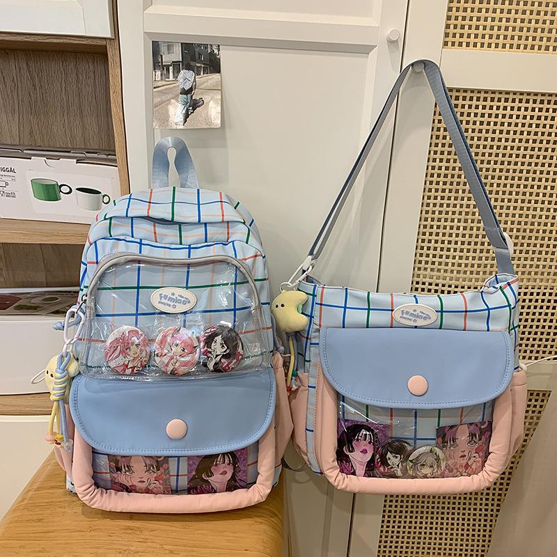 

Летний новый рюкзак с милым клетчатым мешком для боли высокой ценности для девочек и мальчиков, учеников начальной и средней школы, с одним плечевым ремнем, сумка через плечо One shoulder (30*14*30cm) синий