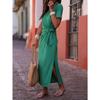 Women Summer Casual Long Dress Elegant Waist Tie Maxi Round Neck Short Sleeve