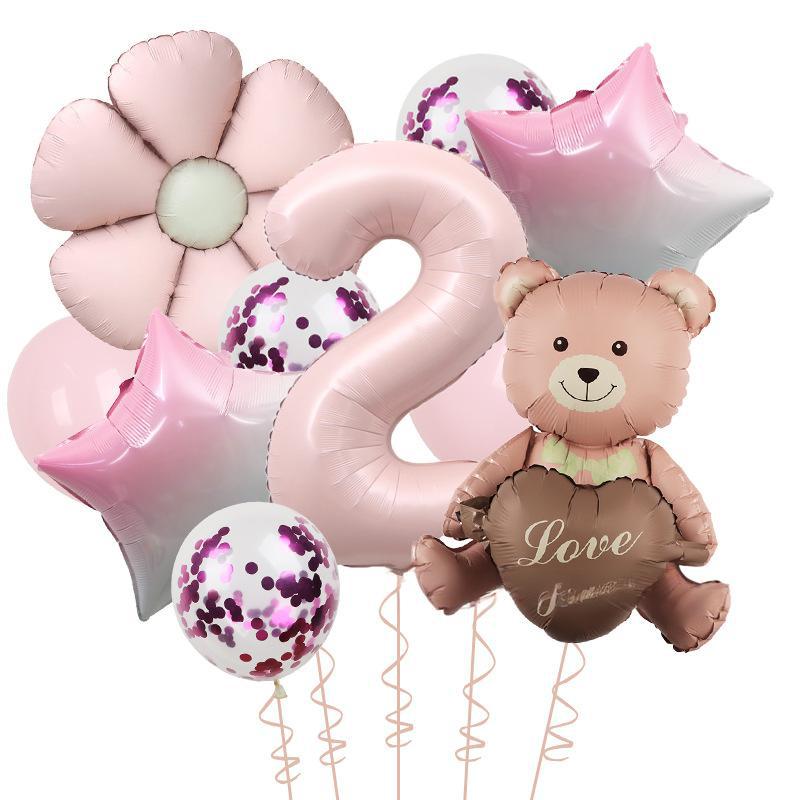 Matte Love Bear Colored Daisies 40 Inch Caramel Cream Aluminum Film Sequins Latex Balloon Birthday Set