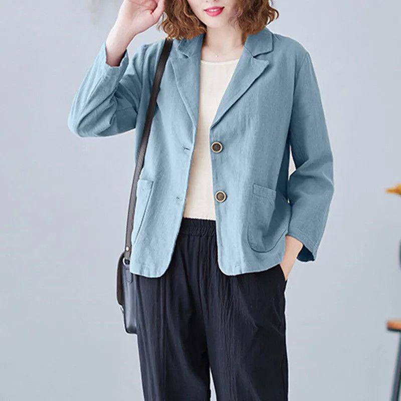 Women's 2024 Spring/Autumn Cotton-Linen Loose Casual Blazer - Plus Size, Long Sleeve, Short Jacket