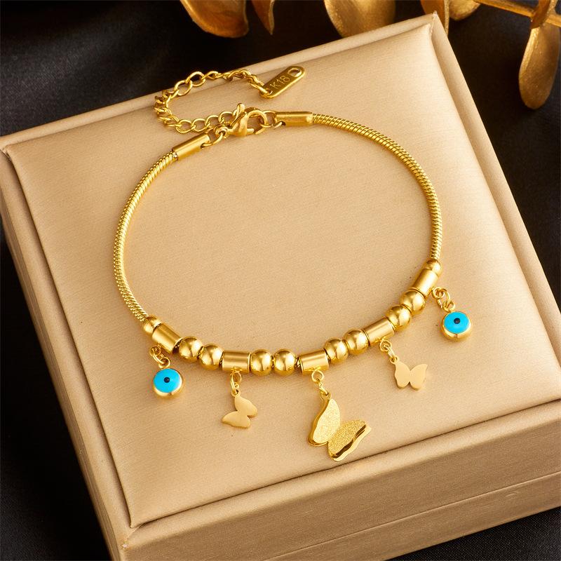 Gold Evil Eye Butterfly Charm Snake Chain Bracelet золотой