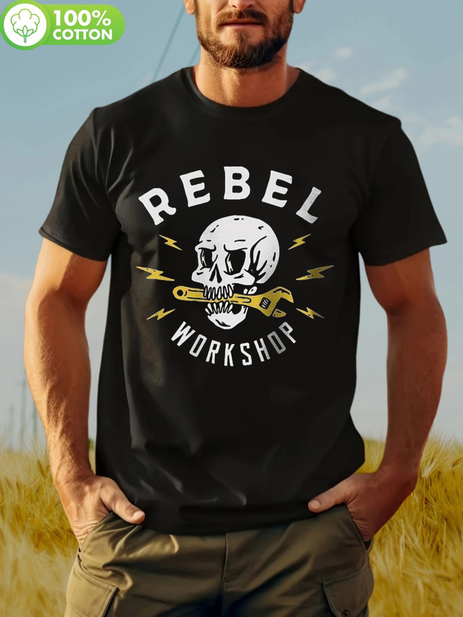 

Plus Size Rebel Workshop Graphic T-shirt - Black Cotton Short Sleeve with Skull & Wrench Design S