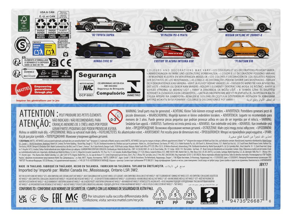 Hot Wheels Streets of Japan Multi Pack Vehicle Toy Mini Car 6 Cars for Ages 3 and Up Multi JBY77