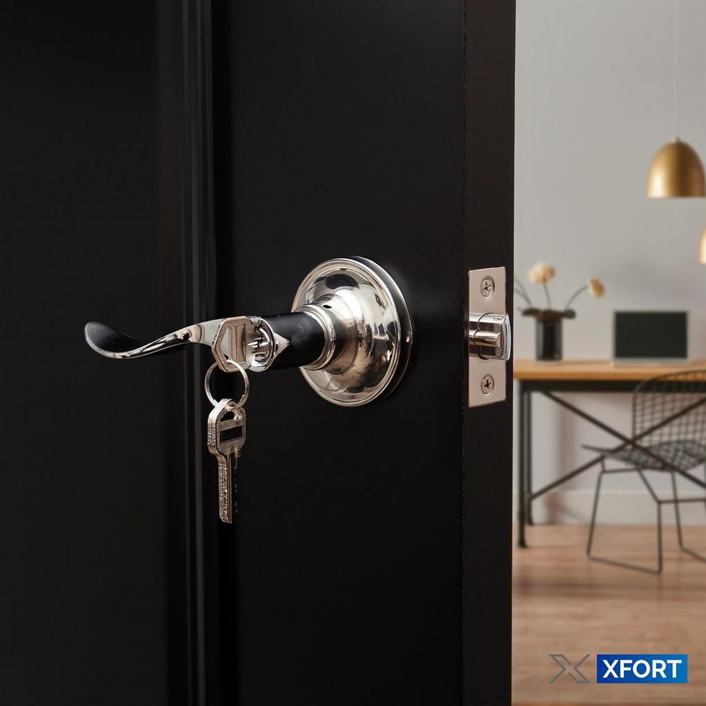 Entrance Knob Set Polished Chrome, Door Knob with Lock for Internal Wooden Doors, Complete Set with Tubular Latch and 3 Keys