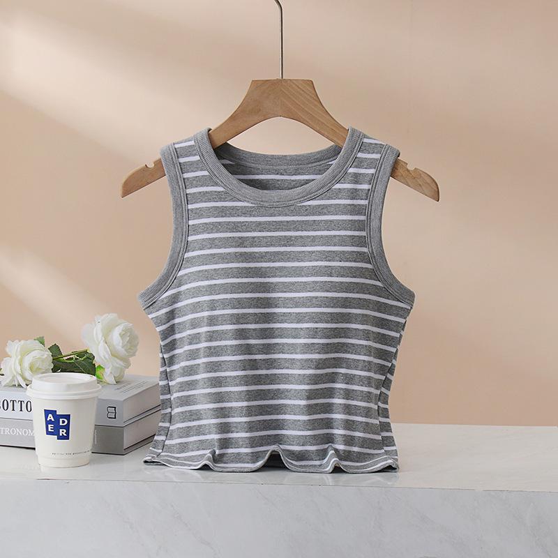 

Women s White Cropped Spaghetti Strap Top with Built-in Bra and Back Stripe Design Extra Large