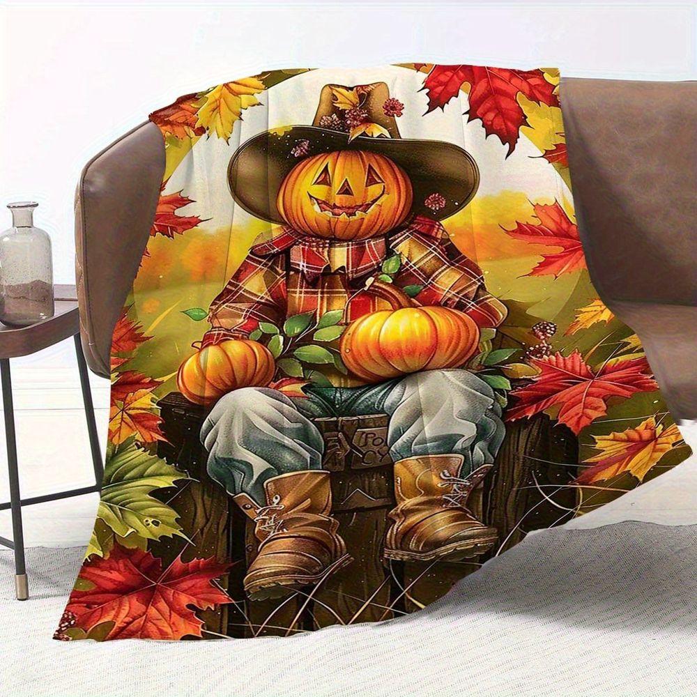 Autumn Harvest Pumpkin Scarecrow Flannel Throw Blanket Soft Decorative Bed Sofa Cover,Cozy Lightweight Fleece Print Rug for Seasonal Holiday Decor
