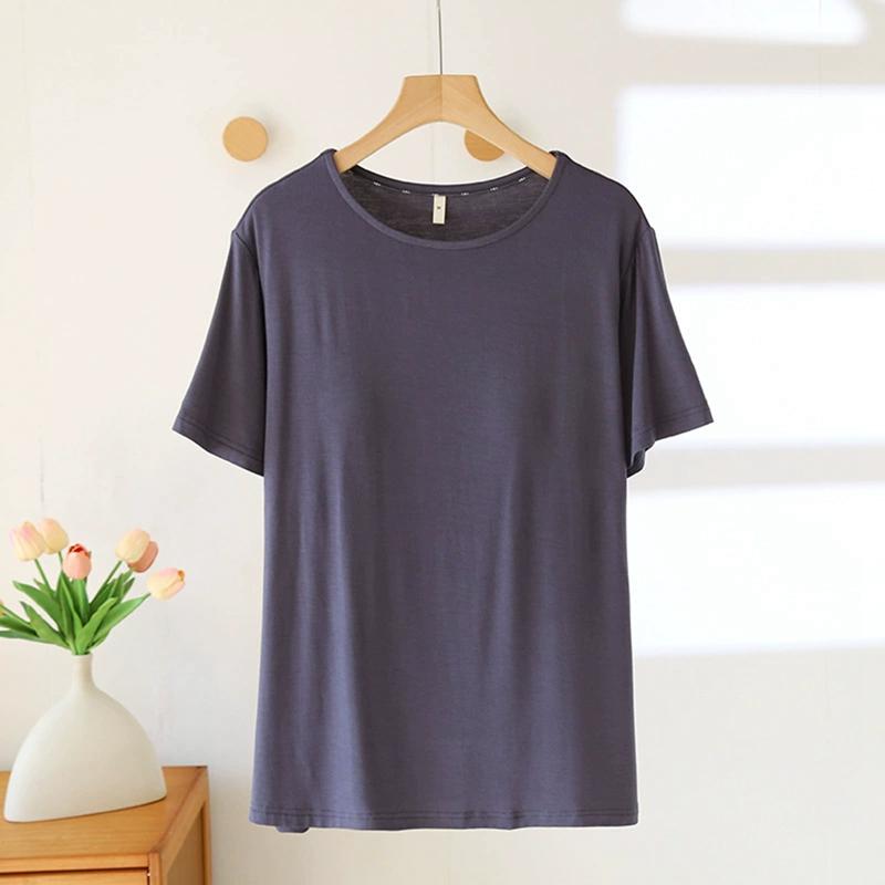 Women O-neck T-shirt with Built-in Bra Casual Solid Color Short Sleeve Top