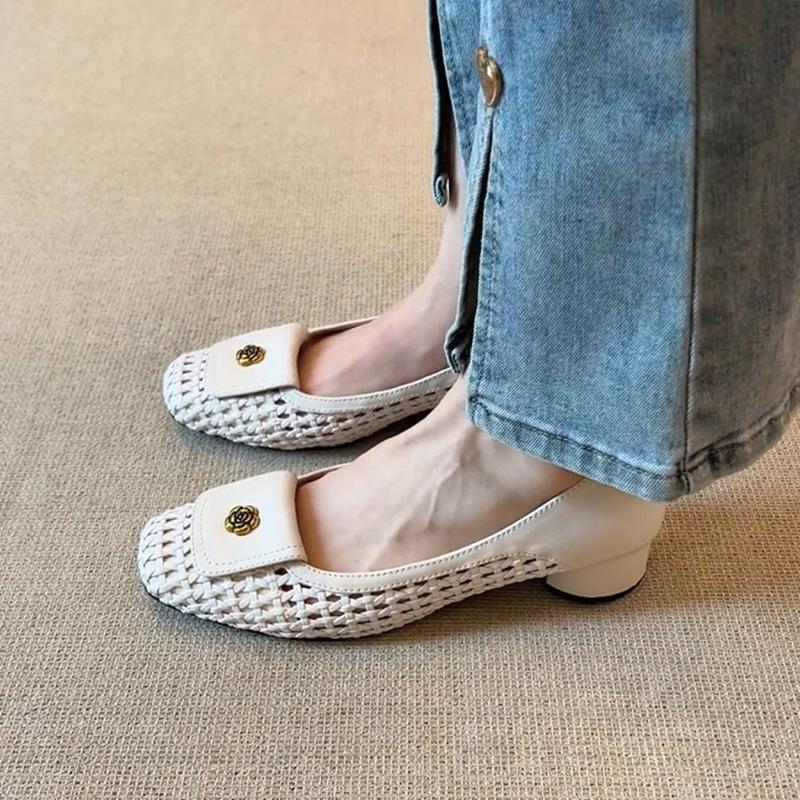 Sheepskin retro woven hollow square head camellia thick heel light mouth single shoes women's white summer sandals women's