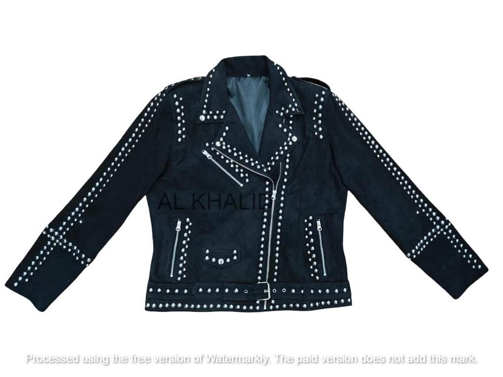 Women Suede Genuine Studded Black Biker Leather Jacket Stylish Handmade Jacket
