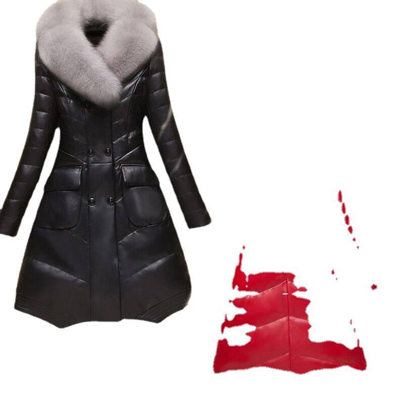 Haining leather jacket women's medium and long leather down jacket women's Korean version thickened large size jacket large fur collar wholesale