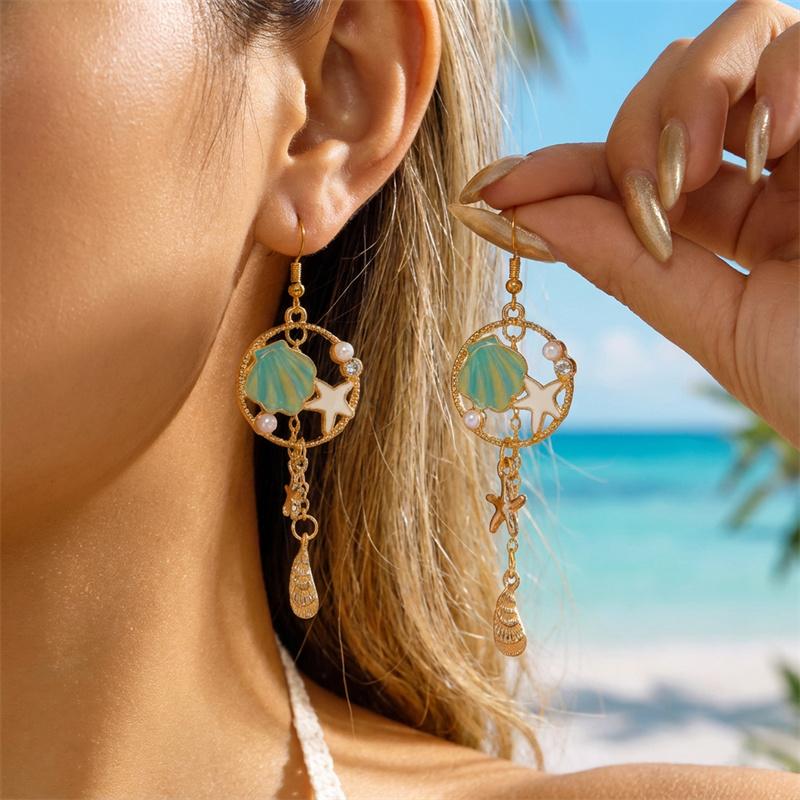 

Boho Ocean Style Shell Starfish Drop Earrings For Women Retro Zircon Seashell Star Conch Dangle Earring Girl Beach Party Jewelry