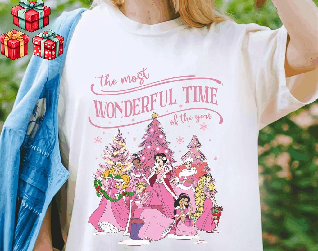 Retro Disney Princess Characters Pink Christmas TShirt Oversized Pure Cotton Short Sleeve Unisex Oversized Loose Casual