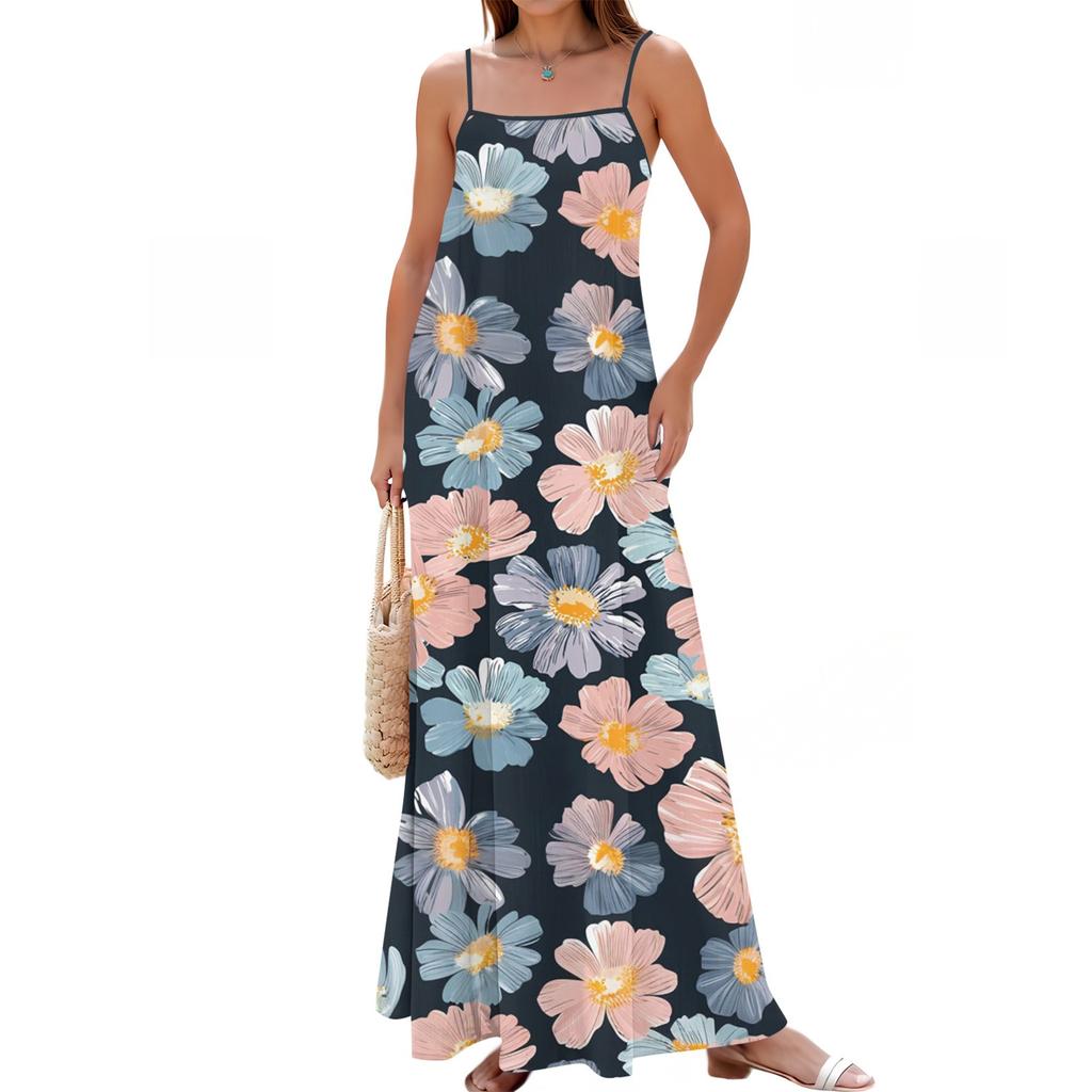 Dámské jarní a letní ležérní módní nastavitelné šle s potiskem dlouhých šatů