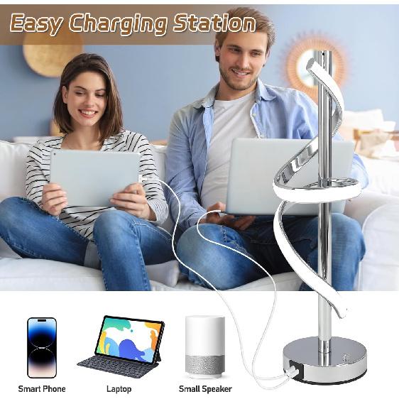 LED Modern Table Lamp, Dimmable Spiral LED Table Lamp, 3 Colors Touch Control LED Bedside Lamp, Silver Unique Cool Lamps for Home Decor, Modern