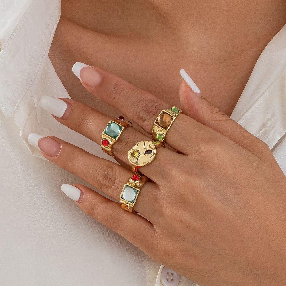 4 pcs Colorful Geometric Knuckle Ring Crystal Bracelets Vintage Ring Set  Dual Purpose Jewelry