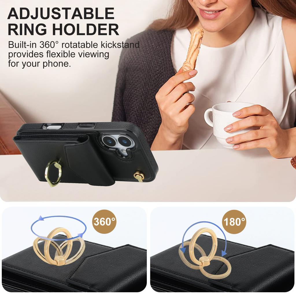 For iPhone 17 Case Leather + TPU Accordion Card Bag Phone Cover with Ring Kickstand