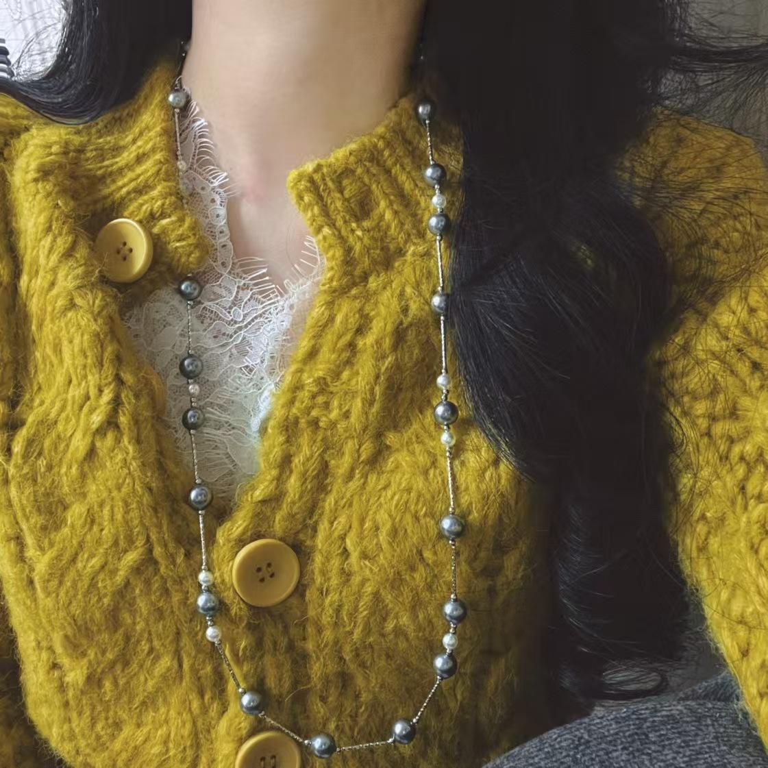 Vintage 616 Real Hemp Faux Crystal Pearl Sweater Chain Necklace Collarbone Chain