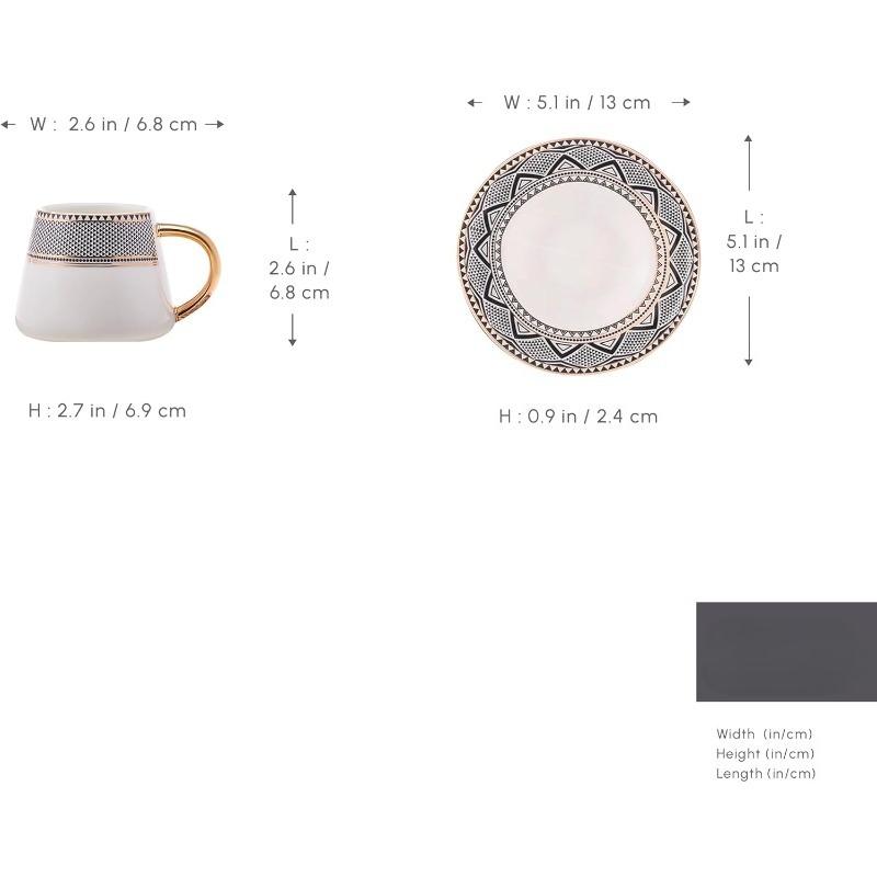 Globe Sada šálků na tureckou kávu 6 kusů, 80 ml, 2,7 oz, Malé šálky na espresso s podšálky, Porcelán, Černé vzory a Zlatá ucha,