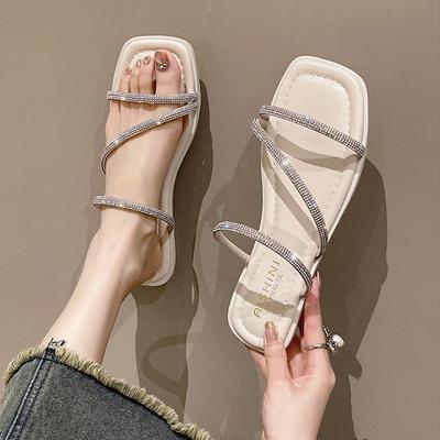 Thick-soled Sandals Women's Summer Outer Wear 2025 New Rhinestone Transparent Diamond-set Crystal and Slippers Thick Heel Square Head High Heels
