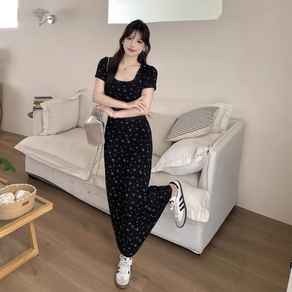French Floral Short-sleeved Dress Summer New Women's Clothing Black Slim and Thin Temperament Medium and Long Skirt
