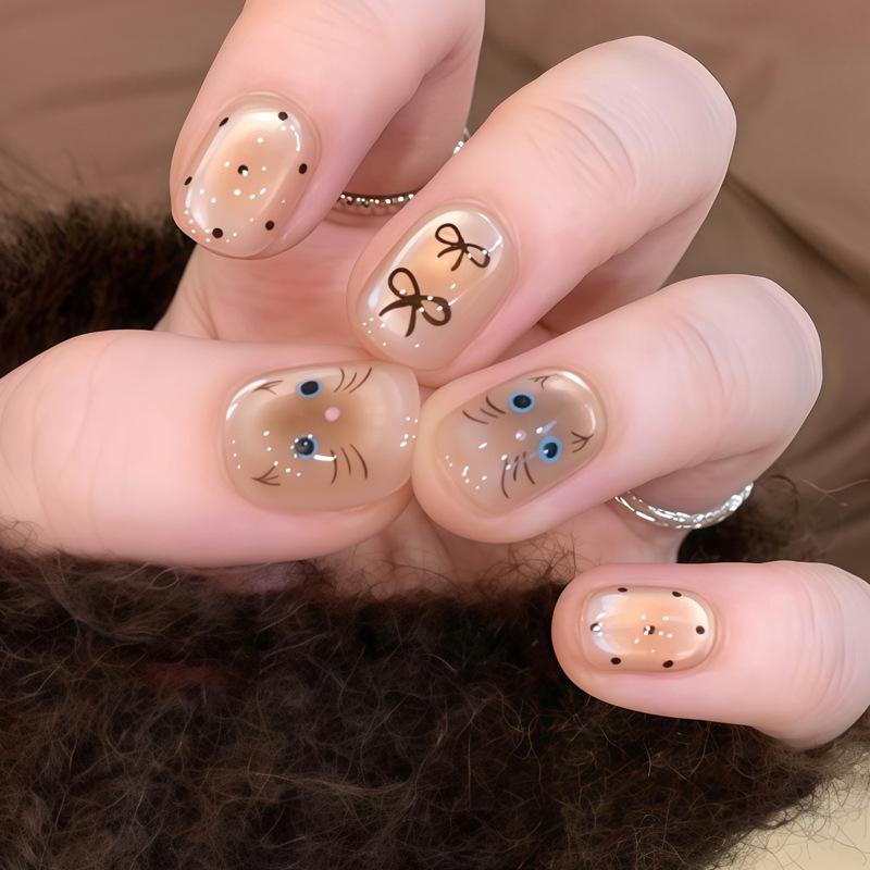 Cat Eye Polka Dot Detachable Nails with Bow Patches - Cute Handmade Nail Art for New Year