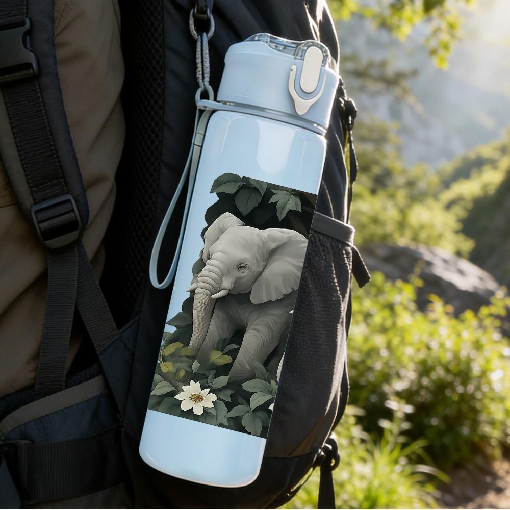 1PC Two Wild Elephant Watercolor Bust 750ml Color Plastic Sports Water Bottle Leakproof Flip Straw Lid For Sports Office Home Use