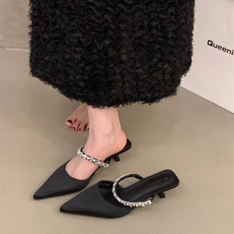 Fashion New Women's Black Rhinestones Heeled Mules Pump for Women Elegant Sparkly Sandals Slippers Women's Sexy High Heels Slingbacks