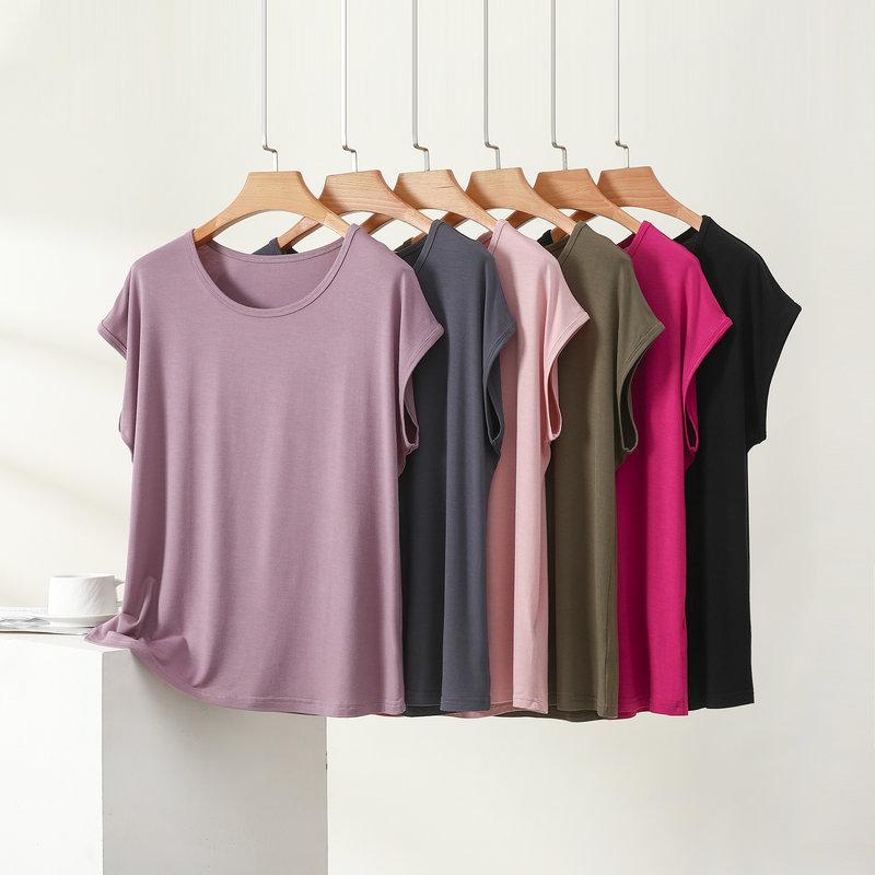 Camiseta Modal de Mujer Verano Fina Cuello Redondo Manga Corta Blusa Minimalista Holgada Tallas Grandes Transpirable Casual Diaria Camisetas