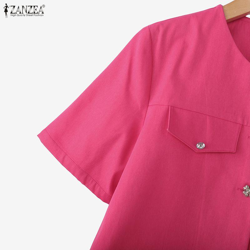 ZANZEA Dámská ležérní letní halenka s kulatým výstřihem a krátkým rukávem