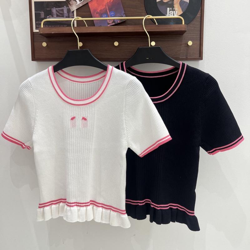 European Style Pink Ruffle Hem Knit Short Sleeve Casual Fashion Top