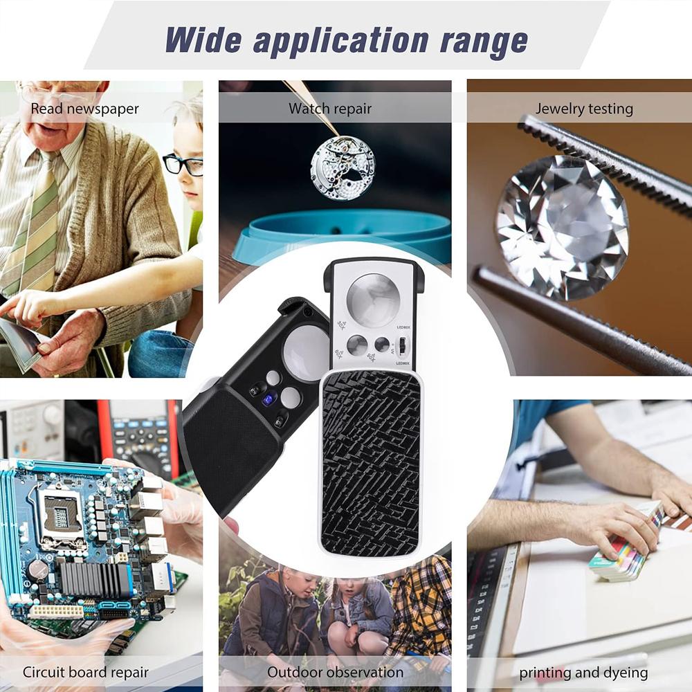 Portable Triplex Magnification Jewelry Loupe 30X-90X-Slide-Out LED/UV Lighted Jewelers Loupes Magnifier for Precision Gemology