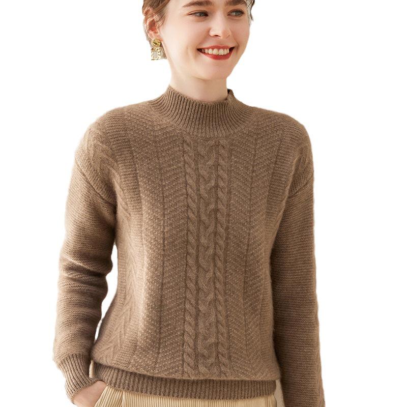 Women's Three-Strand Thickened Cashmere Cable Knit Sweater - Half-High Collar, Long Sleeve, Autumn Winter Pullover.
