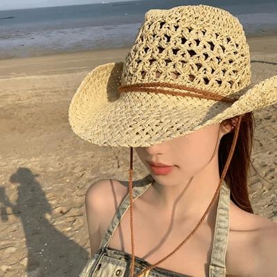 Ethnic Style Sunscreen Straw Hat Solid Color Fisherman Hat Fashion Western Cowboy Hat  Girl