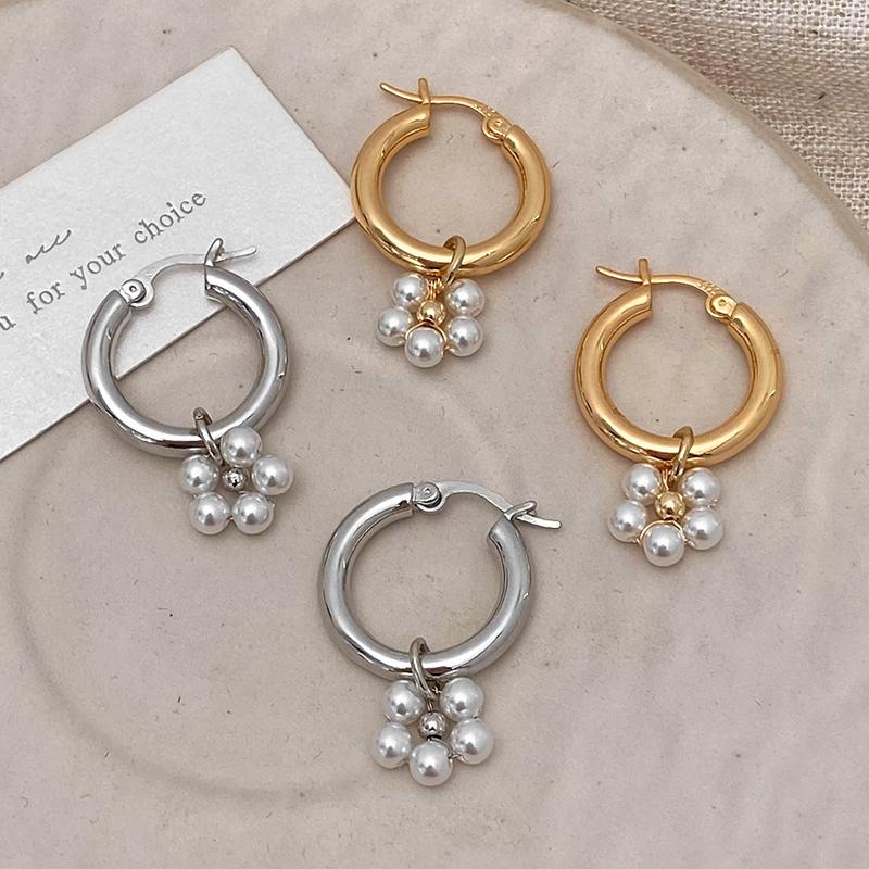PONYKISS Sterling Silver Needle Pearl Pendant Round Hoop Earrings for Women Minimalist Trendy Fashion Accessories