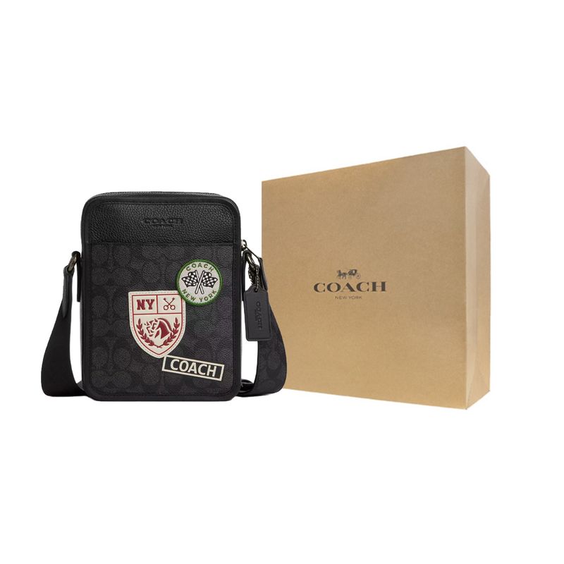 Coach Sullivan 16 Logo Print Patch Design Podpis Potahované plátno Taška přes rameno Crossbody Malé pánské tašky Černá CAT79-QBA5F