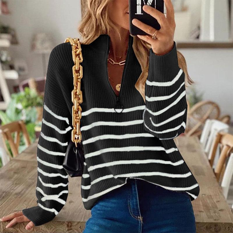 Women's High Neck Sweater: Autumn/Winter Striped Color Block Long Sleeve Zipper Pullover Knitwear