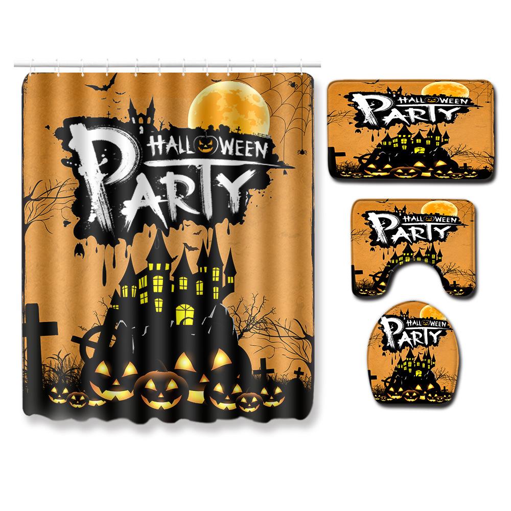 Halloween Shower Curtain Floor Mat Combination Four-Piece Set Bathroom Toilet Carpet Shower Room Foot Door Mat