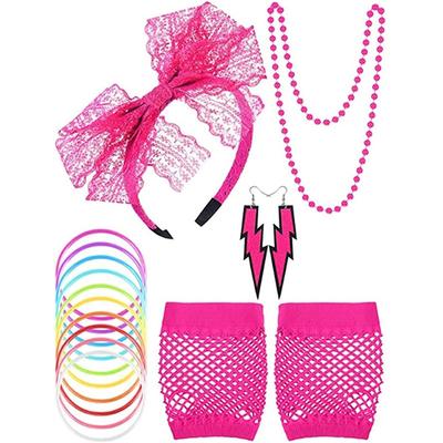 80s Fancy Party Costume Accessories Set 1980s Style Neon Beads Bracelets Necklaces Hoop Earrings Fishnet Gloves Lace Bow Headband for 80s Retro Party