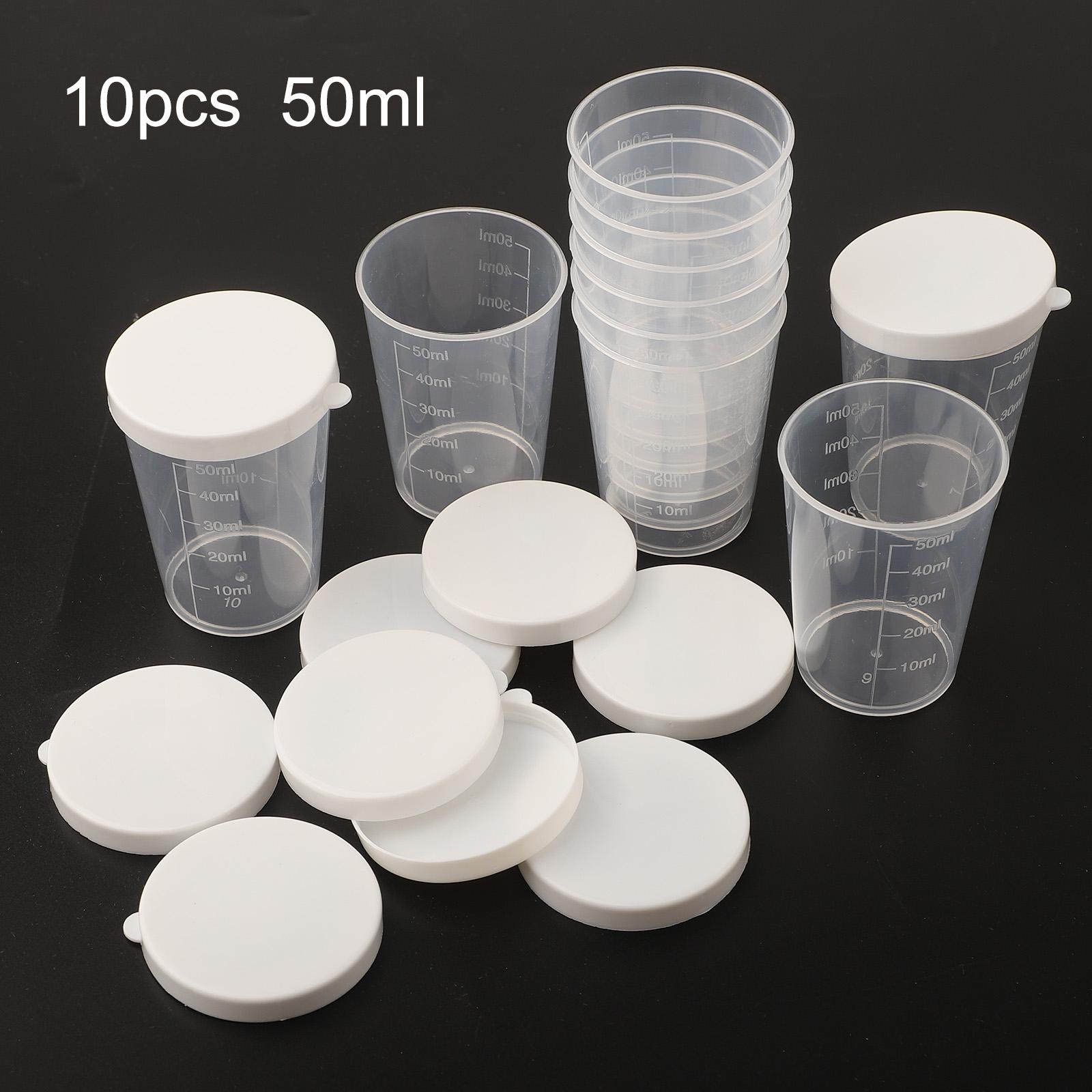 

Essential Medicine Measuring Cup Set 10 Transparent 50ml Cups with White Lids Perfect for Home or Laboratory Use