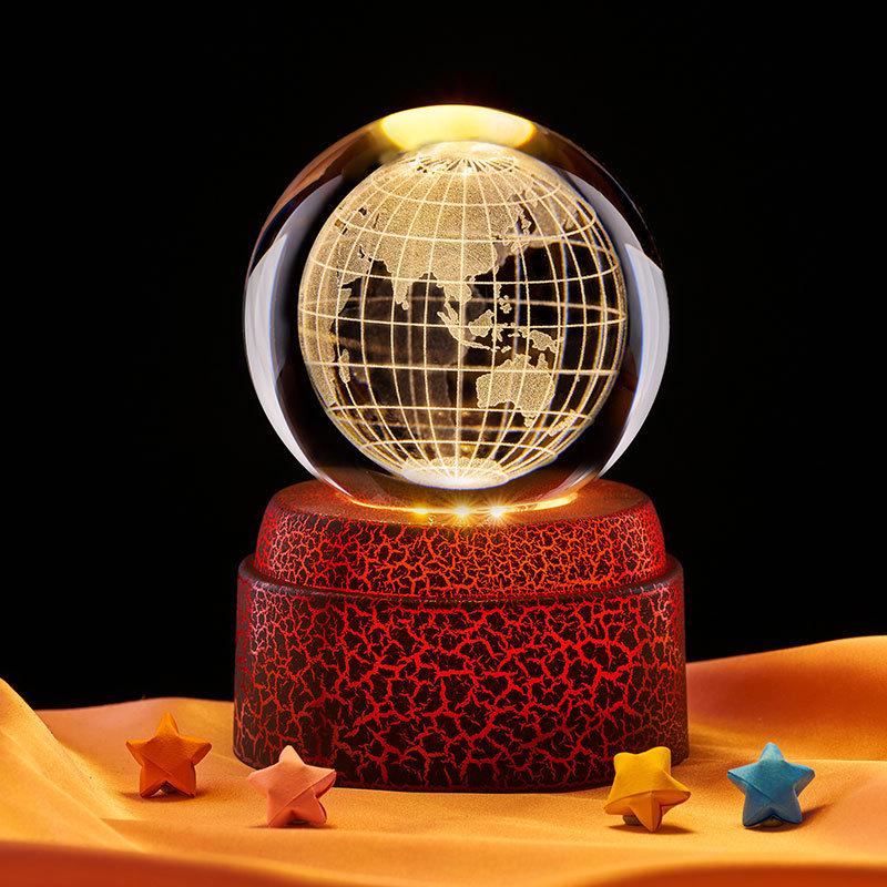 3D Earth Carved Night Light Ornament: Luminous Crystal Glass Ball Gift for Boys and Girls.