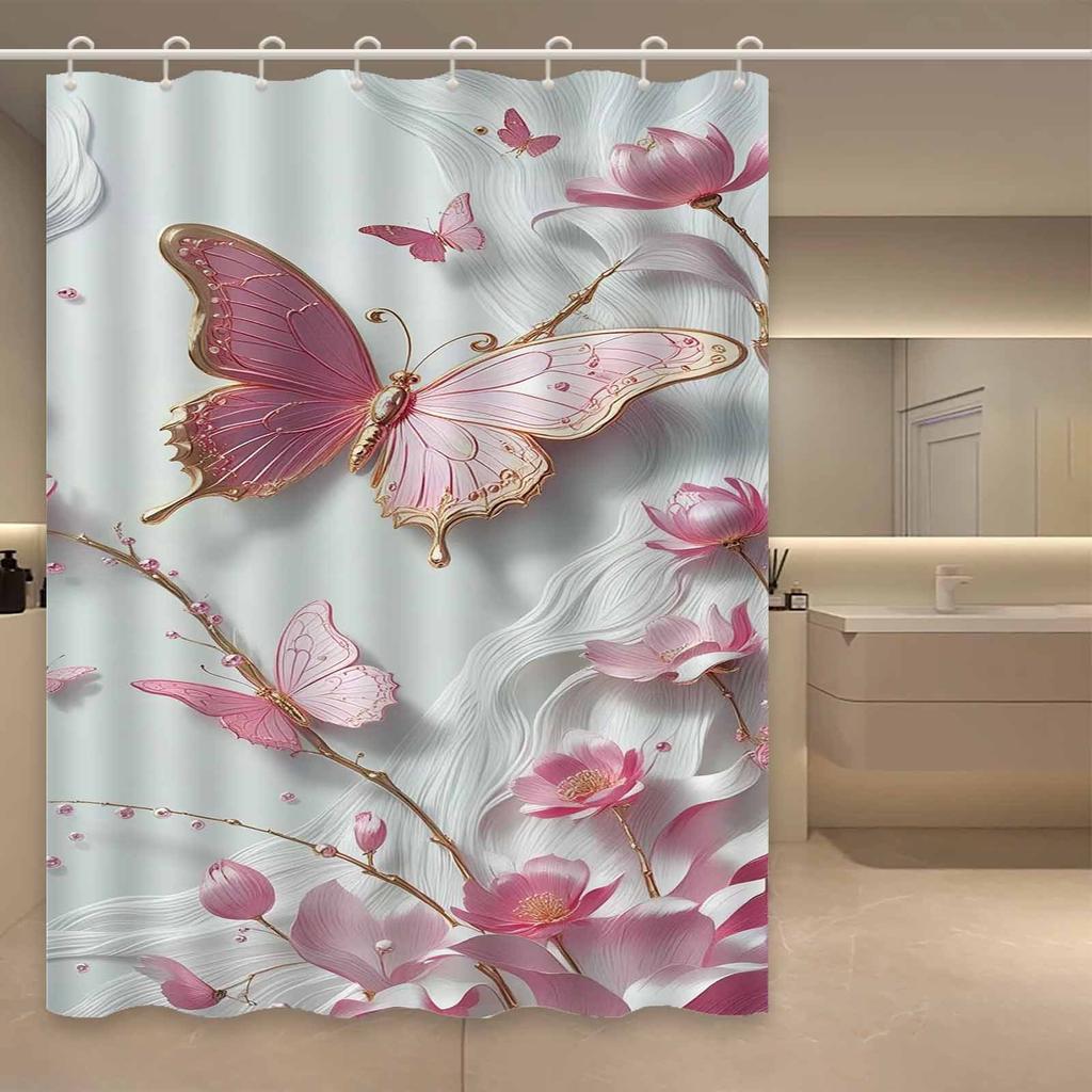 1Pc Pink Butterfly & Floral Shower Curtain - 3D Relief, Water-Resistant Polyester, Artistic Design, 12 Hooks, Machine Washable