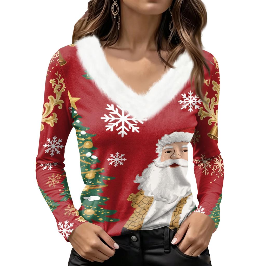 Women's Long Sleeve V-Neck Christmas Top with Collar, Snowflake and Christmas Tree Print