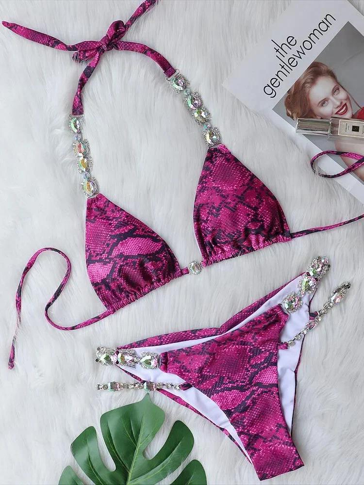 

Холтер Блестящий Украшенный Бриллиантами Бикини Женский Купальник Женский Купальник Комплект Бикини из Двух Частей Бразильский Купальник Пляжная Одежда для Плавания L