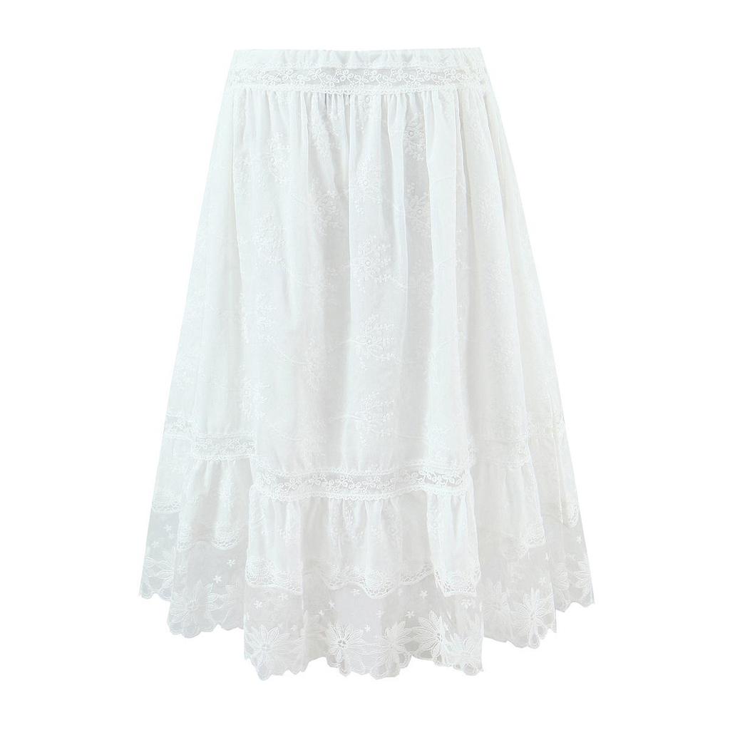 Women's Spring White Lace Cami Top & Ruffle Trim Embroidered Skirt Set